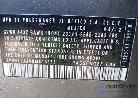 2013 Volkswagen Jetta Sportwagen 2.0L Tdi z USA, uszkodzony, nr VIN 3VWPL7AJ4DM613955